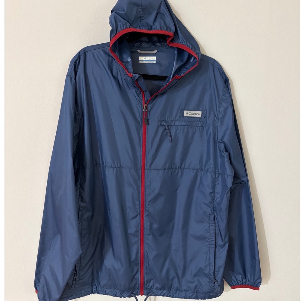 Columbia Mens Blue Red Full Zip Hooded Windbreaker Jacket Large